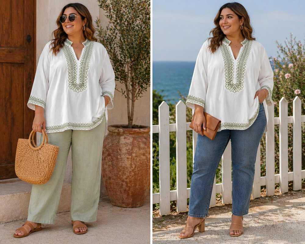 Ivory Embroidered Coastal Boho Tunic Top Bell Sleeve V-Neck Festival Chic Sz-1X